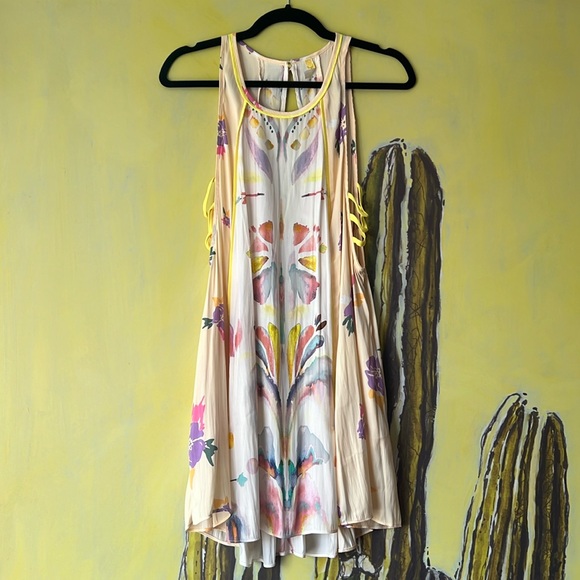 Free People 🌼 Dream Free Mini Tank Slip Dress Yellow Boho Floral Size M - Picture 3 of 11